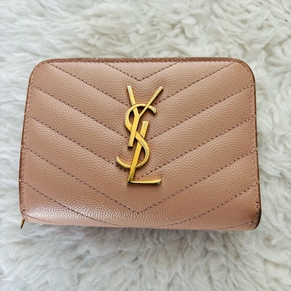 Yves Saint Laurent Cassandra Matellase Blush Grain Leather Compact Wallet